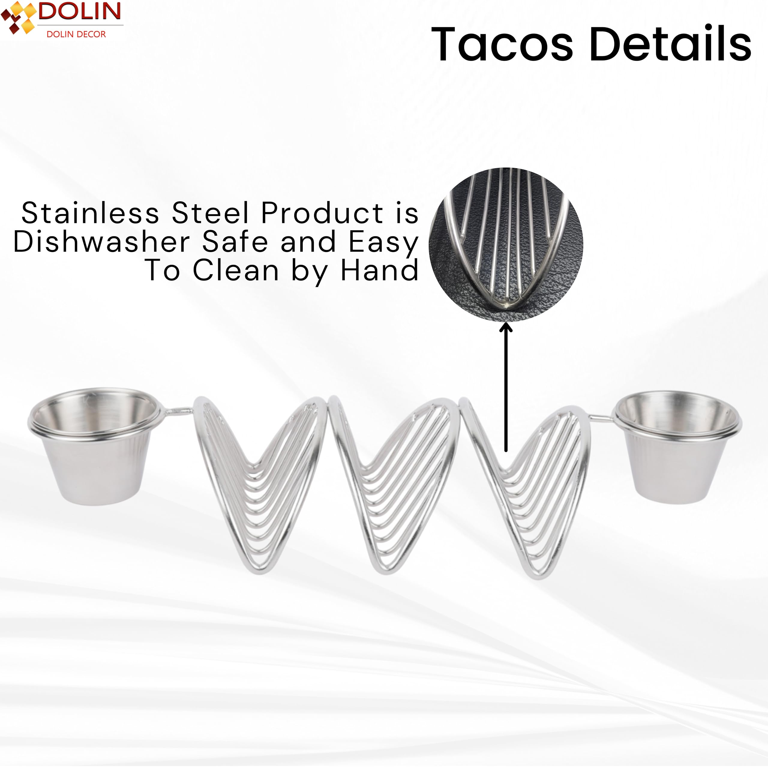 Dolin Decor Premium Stainless Steel (Ss) Taco Holder Stand with Two Dip Bowl β Stylish and Durable Taco Shell Serving Rack for Parties (Silver) (Silver, Set of 4) 4