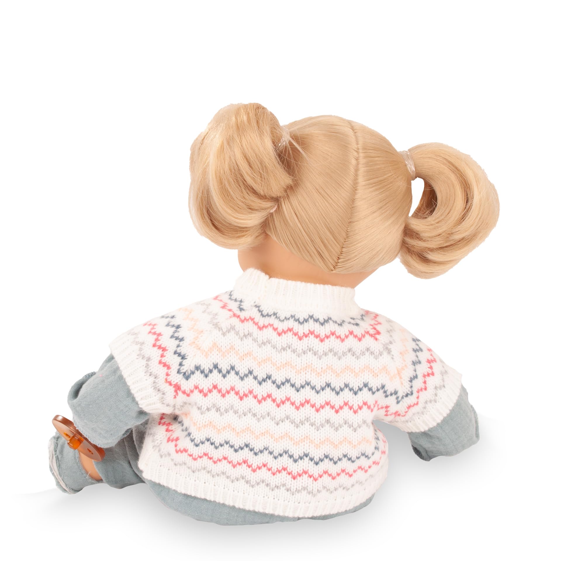 Götz 2620973 Muffin Zick Zack Puppe 33 cm Babypuppe Blaue Schlafaugen | 6-tlg, blonde Haare, Weichkörper, für Kinder ab 3 Jahren, frisierbar, waschbares Haar, mit Strickpullunder und Stoffschuhen