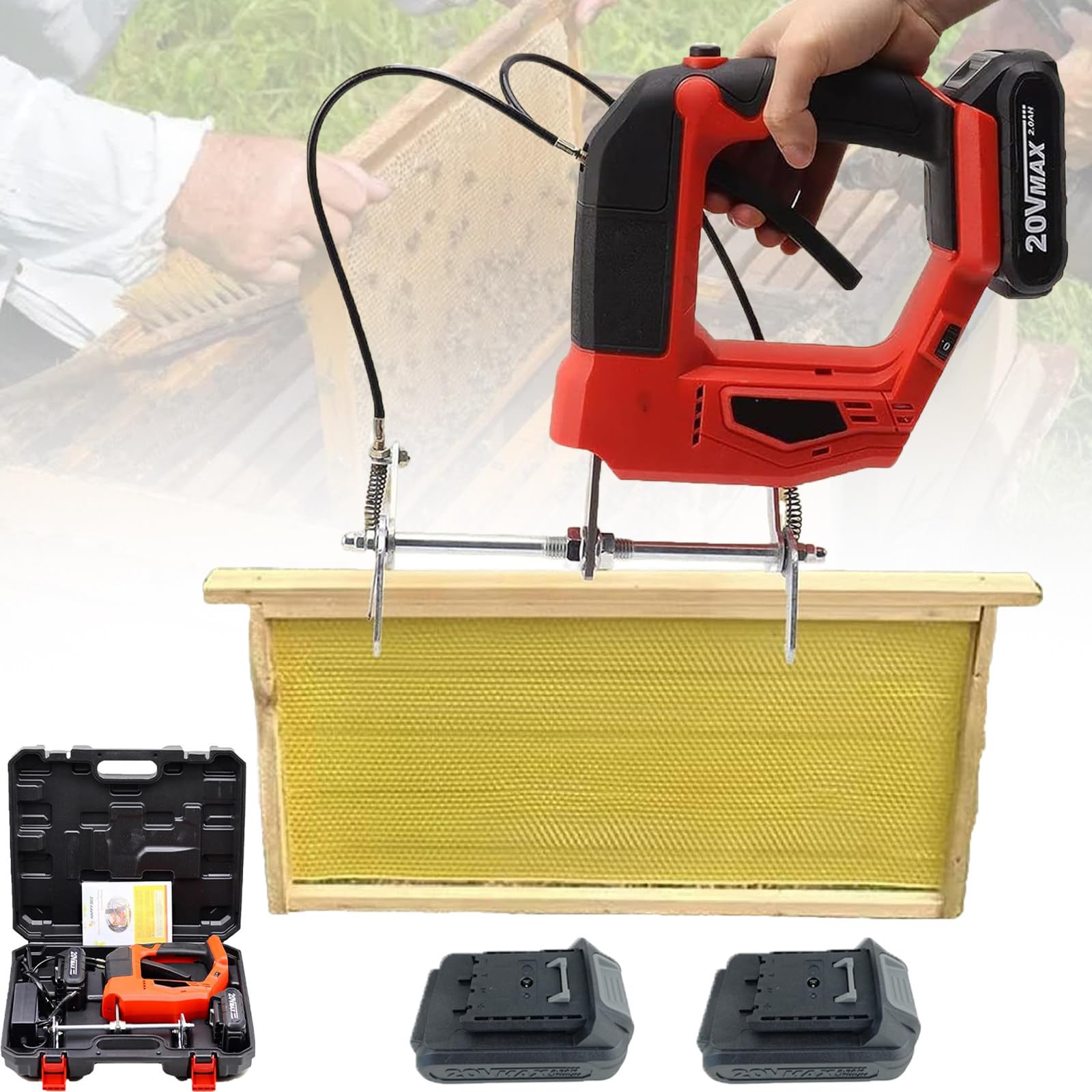 Atwynd 150W Beehive Shaking Machine, Electric Bee Shaker for Farms & Home Beekeepers, Electric Honeybee Remover with 4 Adjustable Speeds, Beehive Frame Shaking Machine Red-2batteries