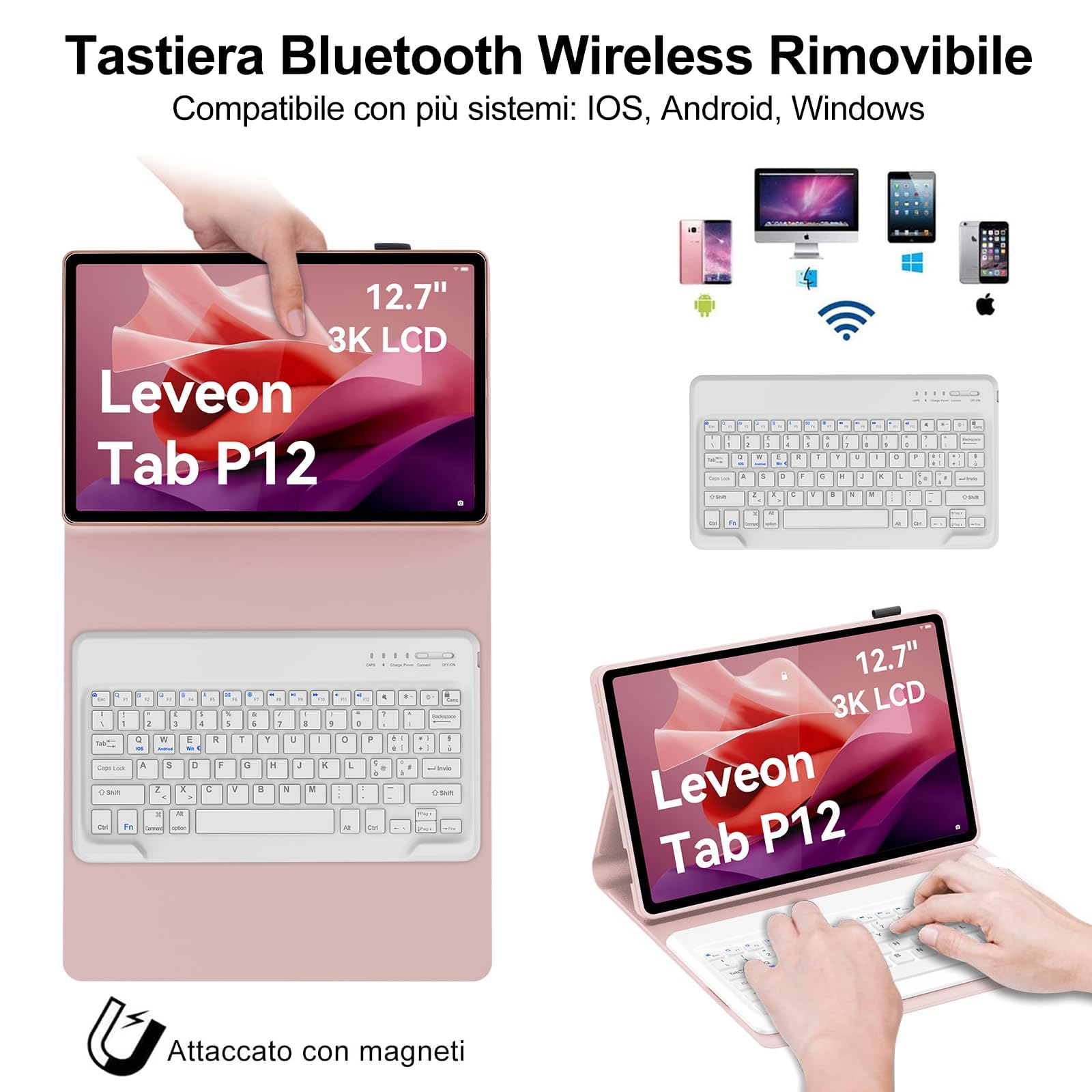 Occtingkind Tastiera per Lenovo Tab P12 2023 - Custodia con Tastiera Bluetooth Rimovibile per Lenovo Tab P12 TB370FU, Layout Italiano, USB C, Senza Retroilluminazione Senza Touchpad, Rosa chiaro