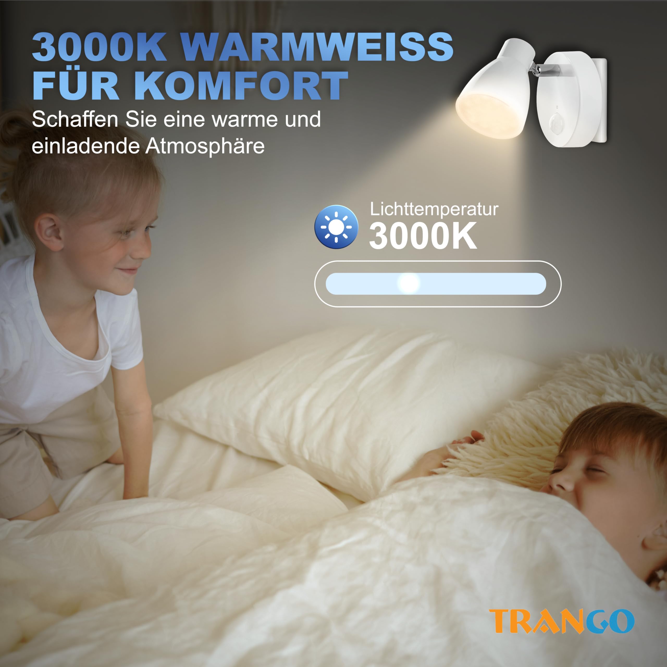 Trango set di 2 Luce notturna a LED TG2635-026 in bianco con funzione automatica 230V con sensore di movimento, luce di sicurezza, lampada a zoccolo, lampada a parete notturna, luce di orientamento