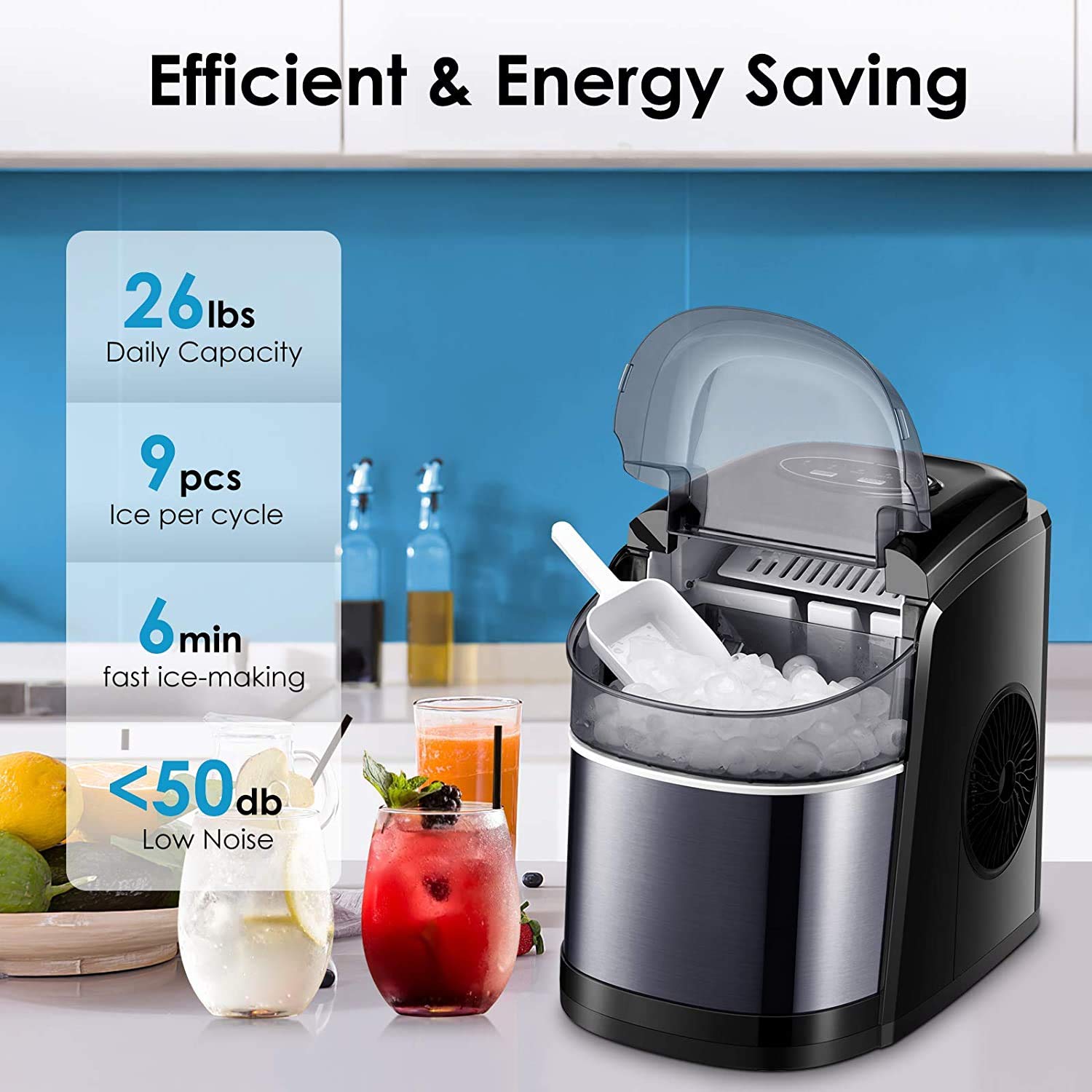 Ice Maker Machine for Countertop Self-Cleaning Function 26Lbs/24H Portable Ice Maker 9 Cubes Ready in 6 Mins Compact Ice Cube Maker with Ice Scoop qujunji