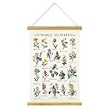 XIAOAIKA World Flowers Poster Botanical Wall Art Prints HD Vibrant Colorful Rustic Style of Floral Wall Hanging Illustrative Reference Flower Chart Poster with Wooden Frame for Living Room Office