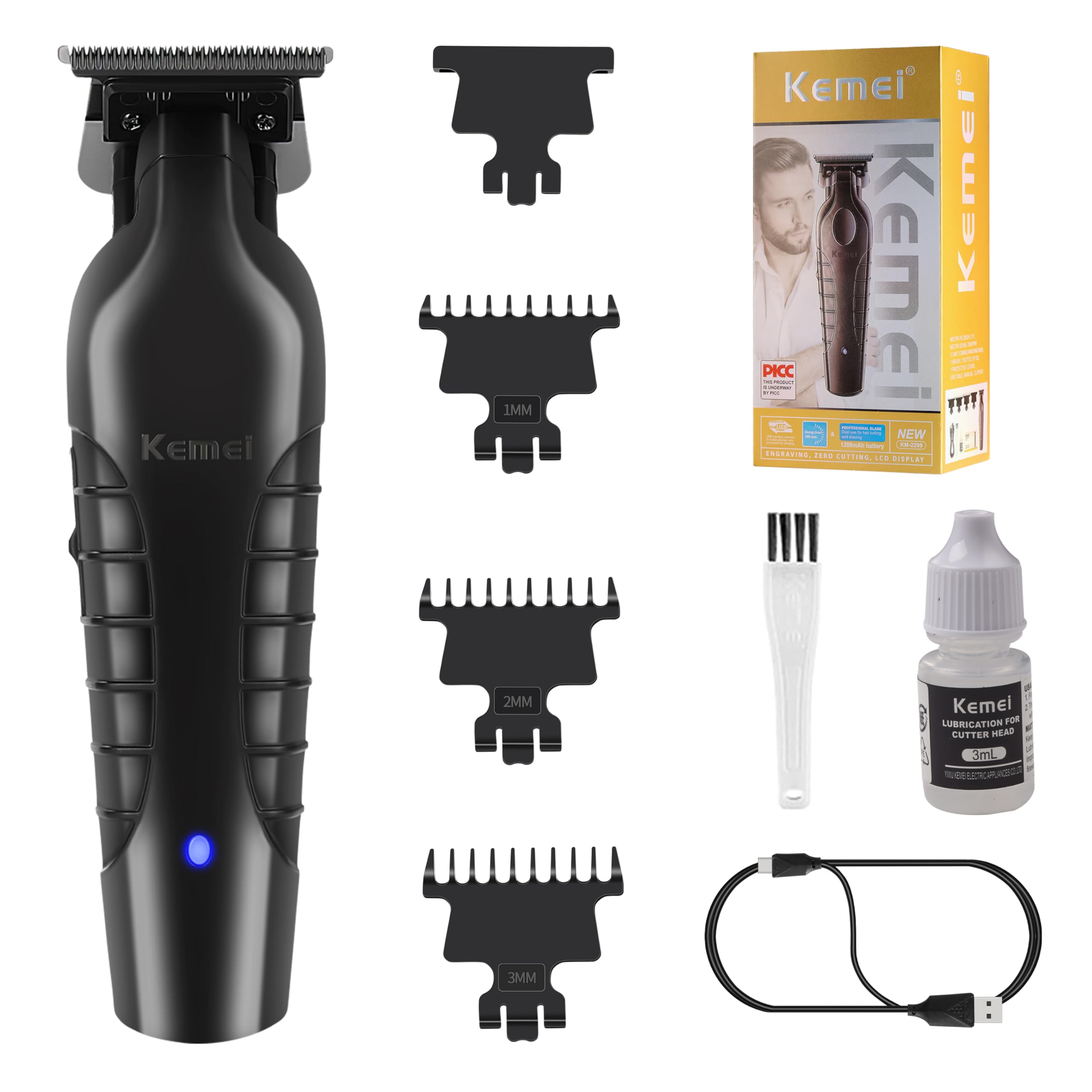 Kemei 2299 Professional Hair/Beard Trimmer for Men Zero Gapped Hair Clippers for Barber with T Blade, Cordless Rechargeable