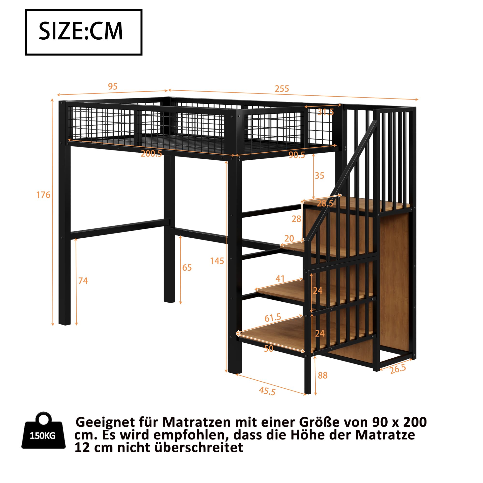 Merax Métal Lit Mezzanine 90 x 200 cm, avec Garde-Robe, Multifonctionnel Lit Mezzanine 1 Place avec Escalier, Noir (sans Matelas)