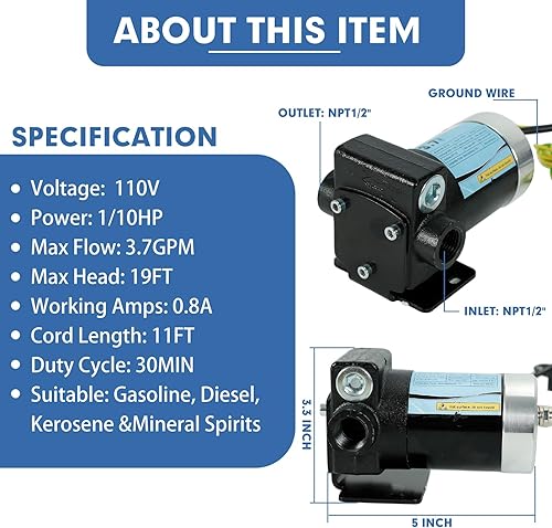 Miniatura 3 de Bomba de transferencia de combustible de gasolina de 110 V con cables de conexión, bombeo reversible mejorado, protección térmica, control de