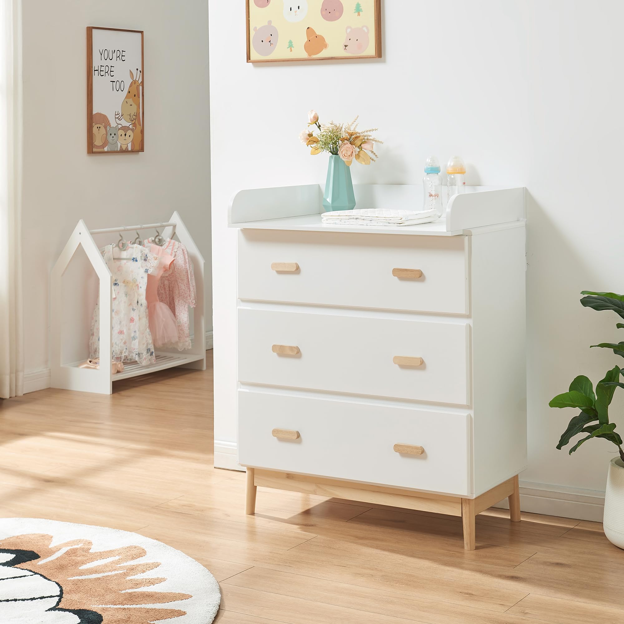 [en.casa] Cassettiera con Piano Fasciatoio Rimovibile Comò per la Cura del Bambino Neonato con 3 Cassetti Mobile Contenitore per Cameretta 100 x 80 x 53 cm - Bianco
