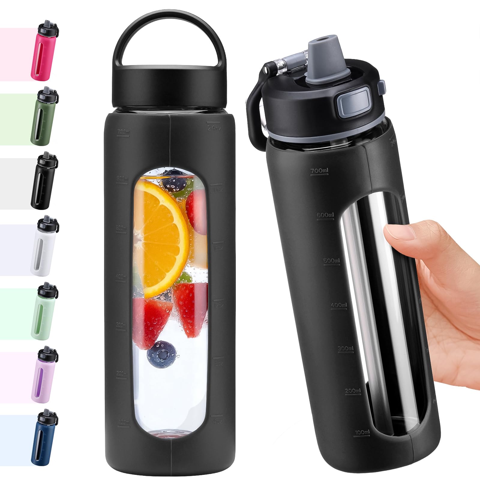 BLUEGO 700ml Glas Wasserflasche mit 2 Deckeln- One-Touch Verschlussdeckel und Griffdeckel Wiederverwendbare Trinkflasche mit Zeitskala für Reisen Zuhause Fitnessstudio Sport BPA-frei, Schwarz