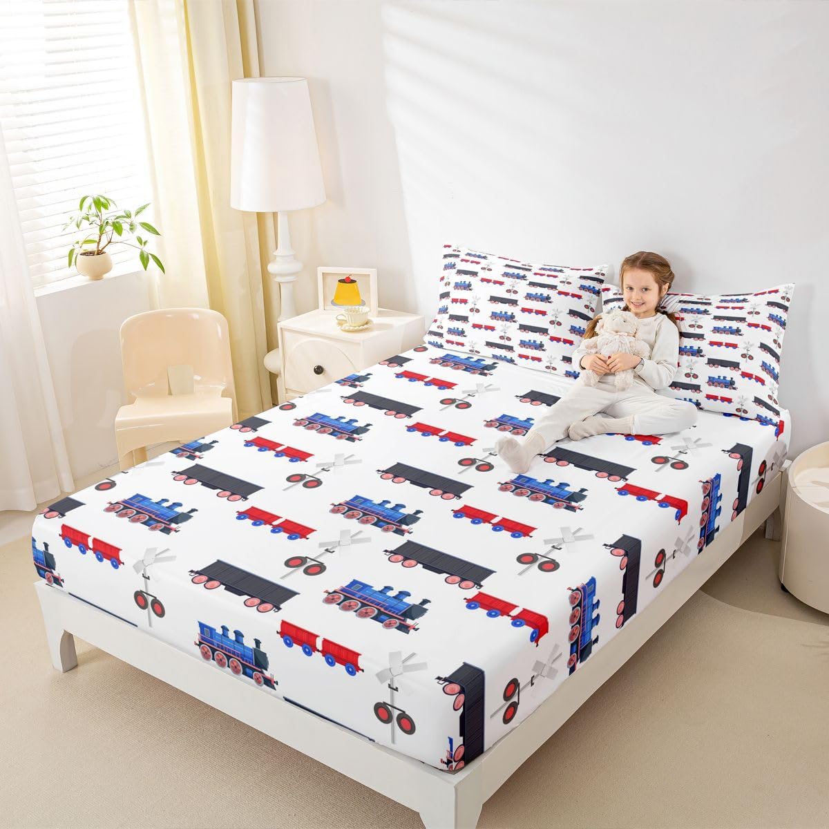Erosebridal Cartoon Train Bed Sheets Red Blue Train Sheet Set for Boys Child,Kids Vehicles Fitted Sheet Kids Car Theme Bedroom Decor Twin Size