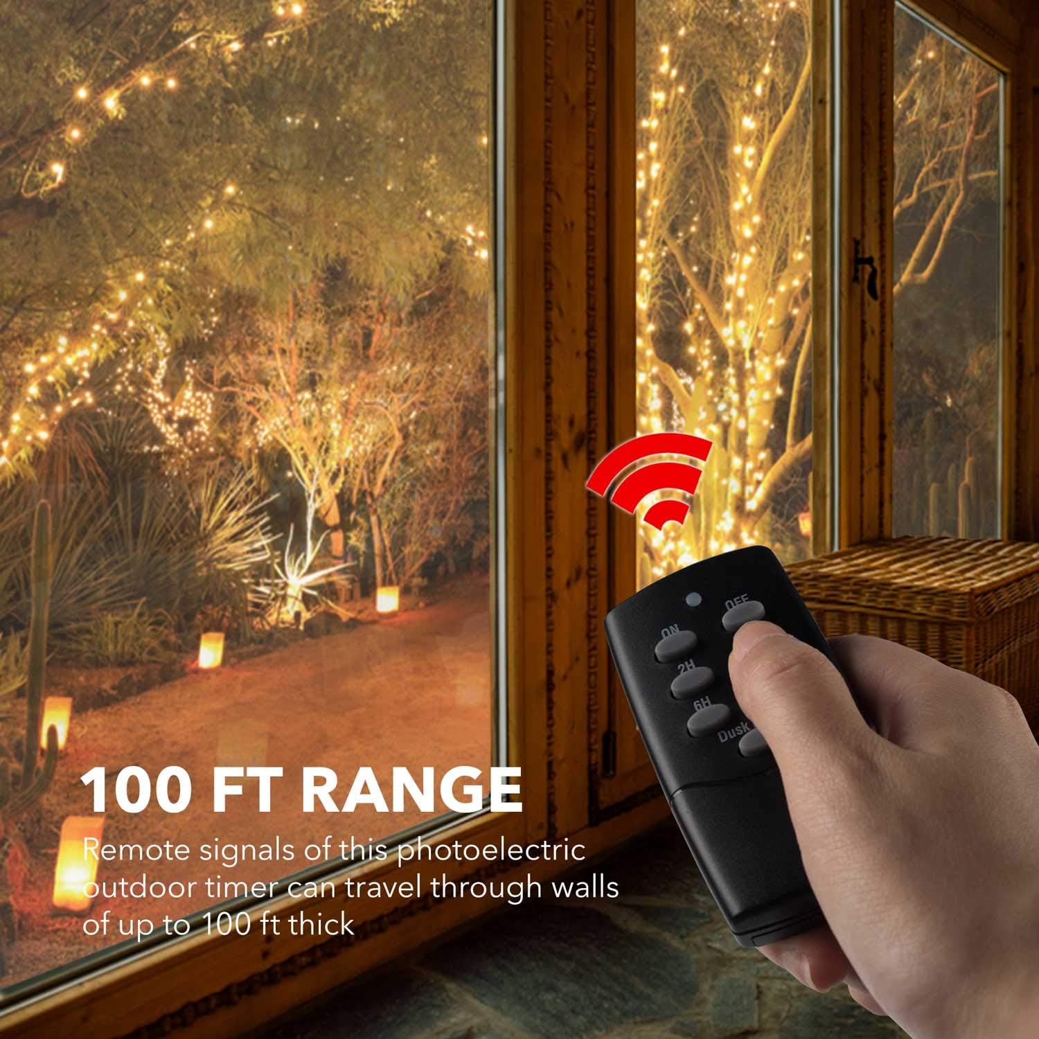 BN-LINK Outdoor 24-Hour Water Resistant Photoelectric Countdown Timer Photocell Light Sensor (2, 4, 6 or 8 Hours Countdown Mode) 3 Grounded Outlets Remote Control (100 ft Range) for Home and Garden - - 