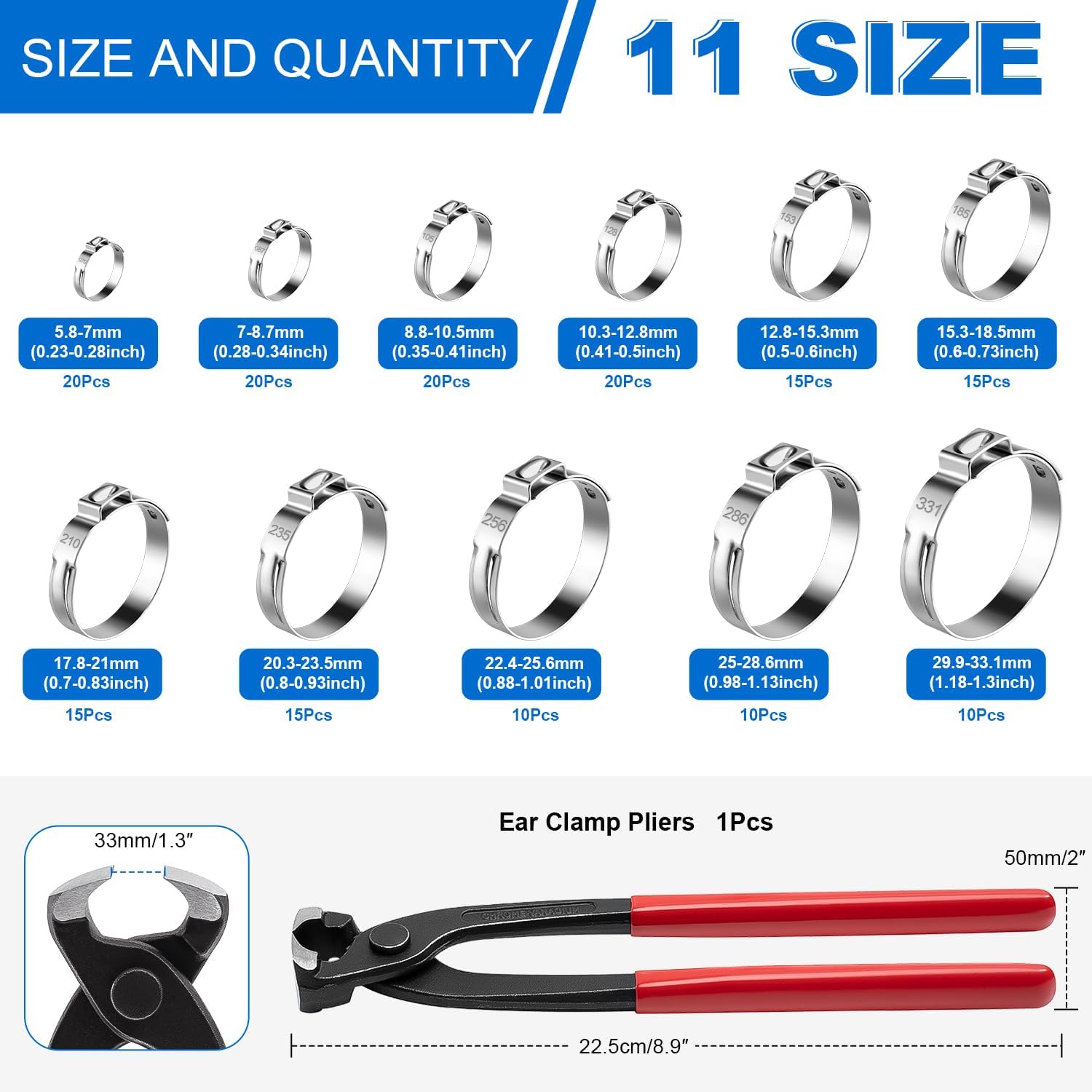 170PCS 304 Stainless Steel Single Ear Hose Clamps, 11Sizes (5.8-33.1mm) Stepless PEX Cinch Clamp Rings Crimp Assortment Kit with Pincer for Tubing Pipe Fitting Connections Home, Plumbing, Garden, Auto