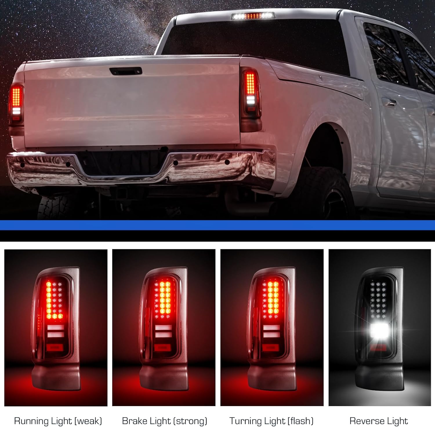 LED Tail Light + 3rd Brake Light Fit for Ram 1500 1994-2001, Fit for Ram 2500 3500 1994-2002, Rear Brake Lamp Taillight Assembly, Black Housing Smoke Lens
