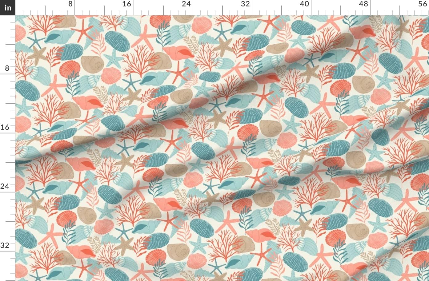 Spoonflower Fabric - Colorful Seashells Coastal Nautical Modern Beach House Pink Coral Blue Printed on Organic Cotton Sateen Fabric by The Yard - Sewing Quilting Apparel Home Decor