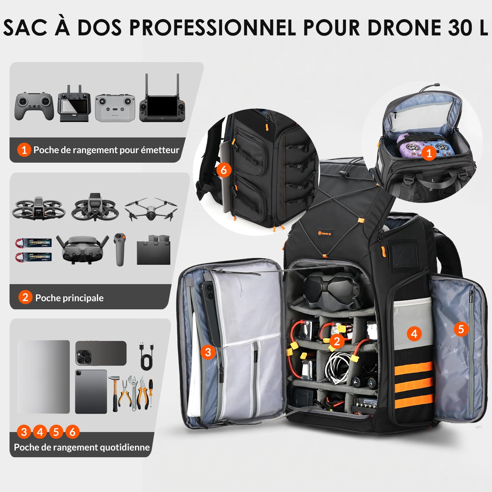 TARION Flightpro FPV Sac à dos pour drones : sac à dos étanche professionnel pour FPV Racing Quadcopter Lunettes FPV Télécommande DJI Accessoires