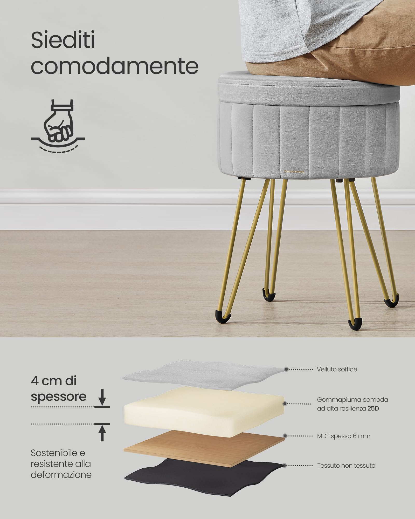 SONGMICS Sgabello Pouf Contenitore, Cassapanca Rotonda, Sgabello Toeletta in Velluto, 39 x 44,4 cm (Diam. x A), 4 Gambe in Metallo, Soggiorno Camera da Letto, Grigio Tortora LOM003G02