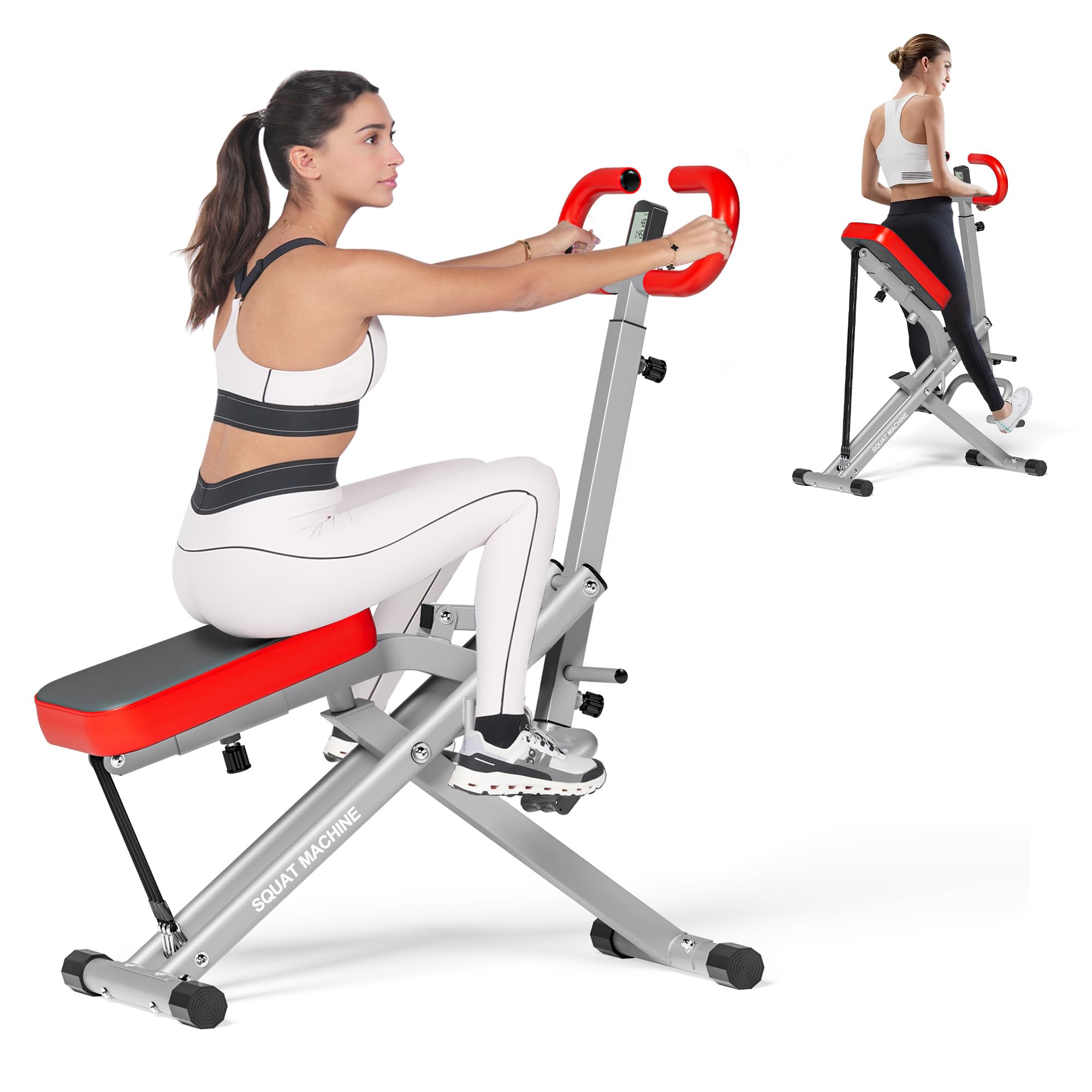 Squat Machine for Home Gym, Squat Rowing Machine with Adjustable Resistance and Optional Full Motion, Squat Assist Trainer for Glutes (Red)
