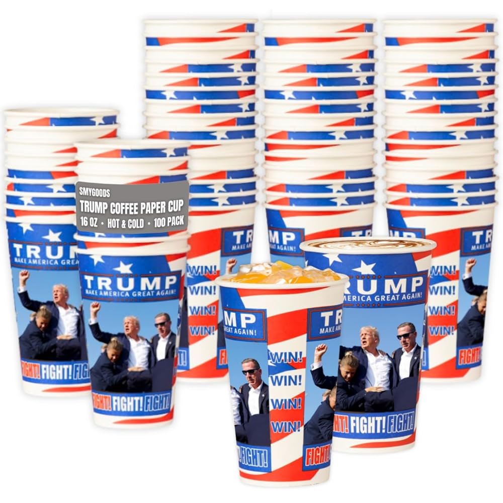 Smygoods Trump Design Disposable Paper Coffee Cups (16 OZ, 100 Count) For Hot Beverages, Tea, Espresso, Cocoa - To Go Drink Containers, Caf & Office