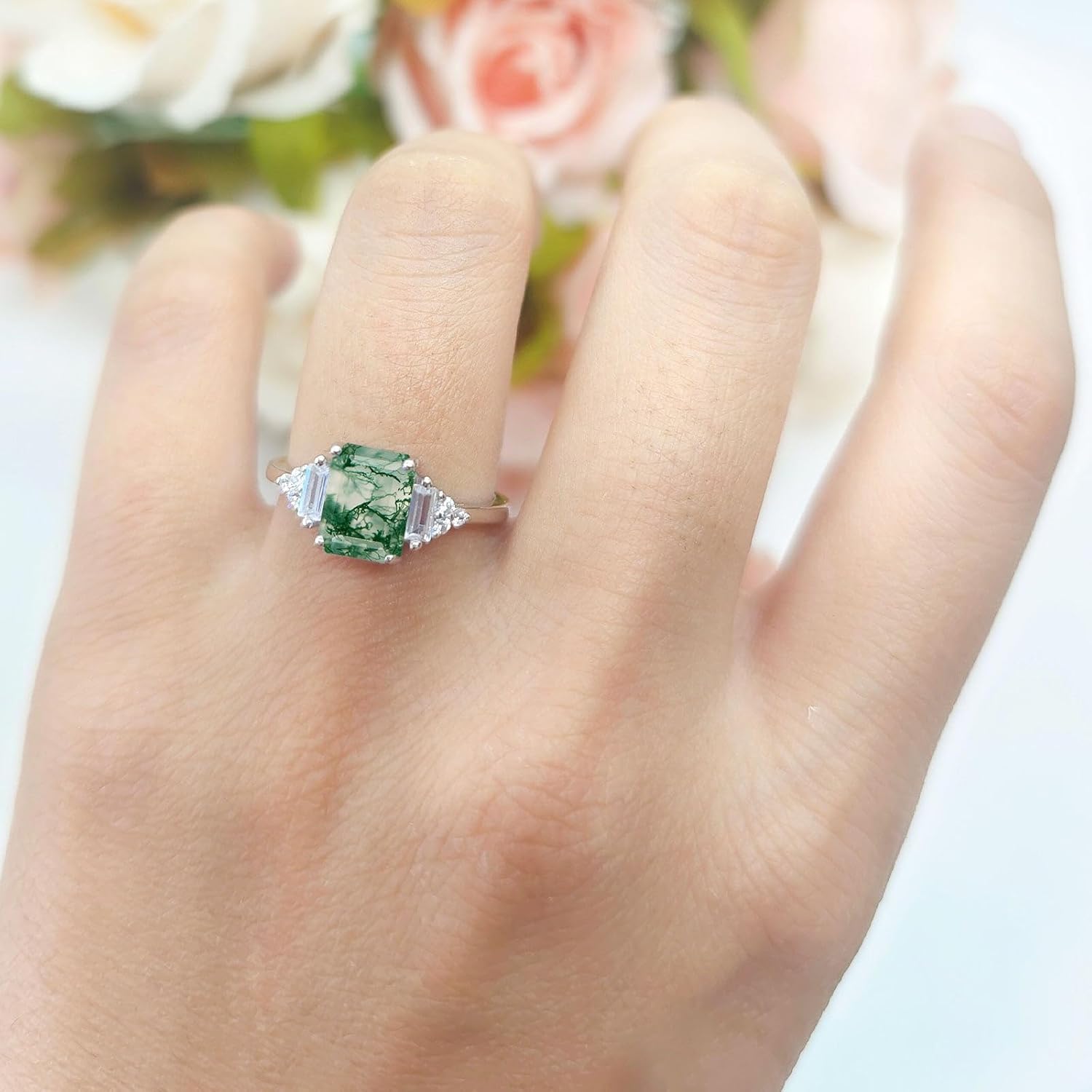 OMRANII Three Stone Emerald Cut Natural Green Moss Agate Trellis Ring Art Deco Marquise Style Bridal Wedding Engagement Rings Baguette Cubic Zirconia 925 Sterling Silver Gift For Women