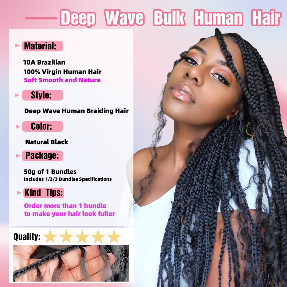 Cabello humano trenzado, 2 paquetes de 100 g, 16 pulgadas, trenzas bohemias, cabello humano 10A, ondulado, brasileño, virgen, sin trama, extensiones de cabello ondulado para bohemio, sin nudos
