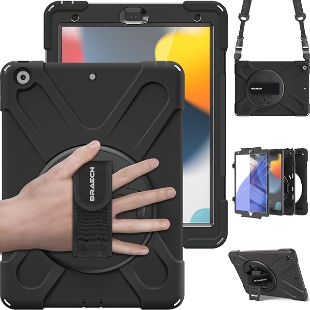 BRAECN iPad 10.2 9th/8th/7th Generation Case (2021/2020/2019) Heavy Duty Shockproof Rugged Case with Built Screen Protector, 360 Rotating Stand,Carrying Shoulder Strap,Hand Strap for iPad 10.2 -Black