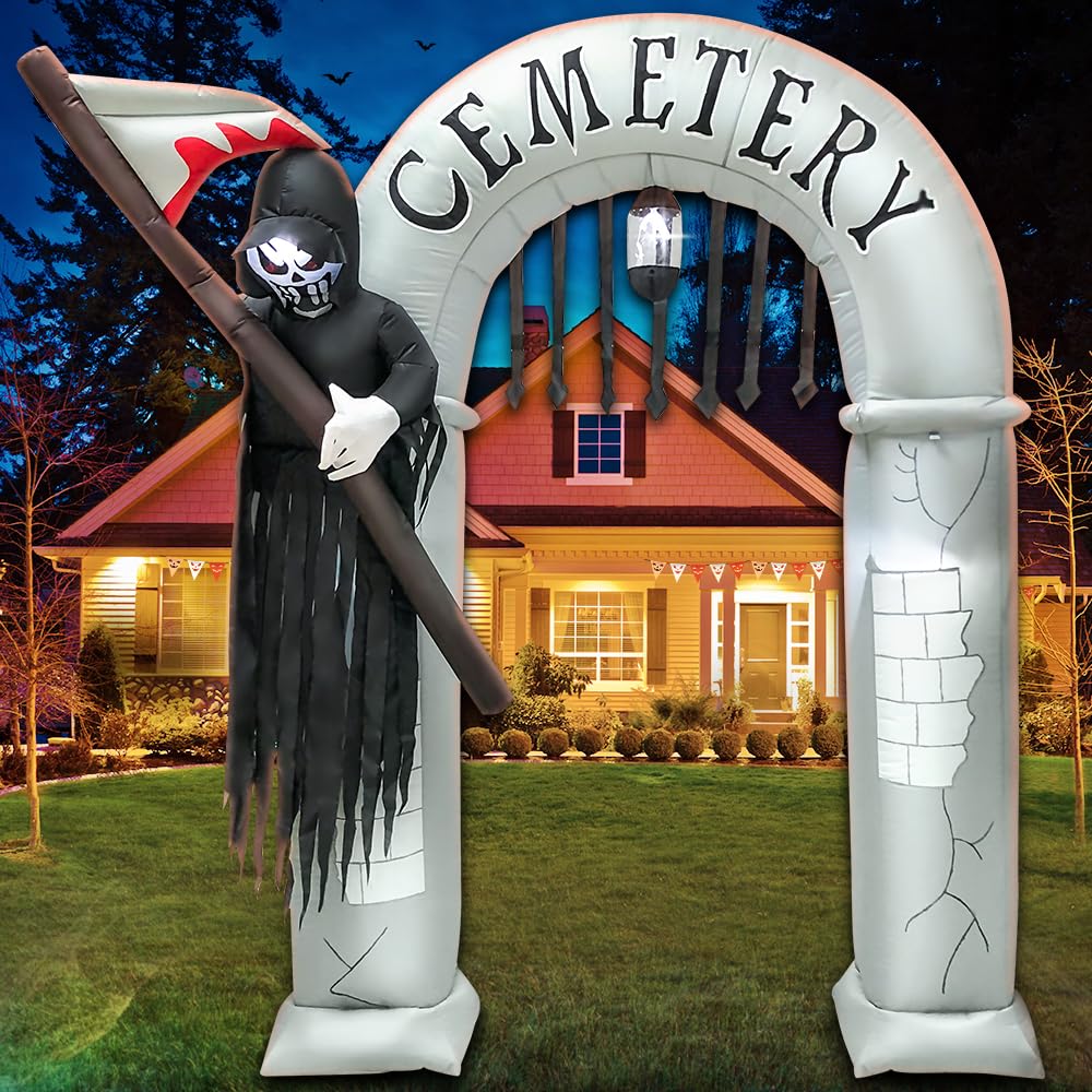 2,4 m Halloween-aufblasbare Torbogen-Dekoration mit LED-Licht, gruselig, gruselig, Halloween-aufblasbar, Sensenmann, Outdoor-Dekorationen, aufblasbares Spielzeug für Halloween, Urlaub, Party, Rasen