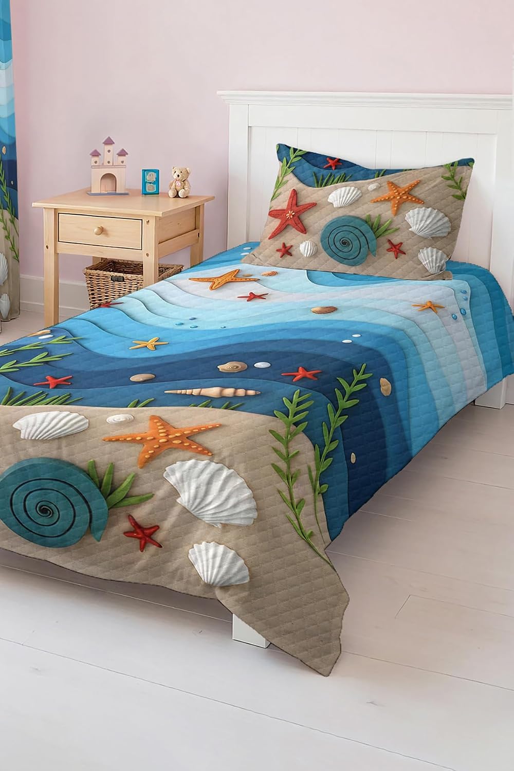 SODEF Bedding Set Seashell and Star Pattern Kids and Teens Room Quilt Set Bedspread, 2 Piece Cotton Polyester Blend - Blue, One Size