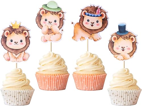 Rsstarxi Paquete de 24 adornos para cupcakes de león, animales del bosque, león, selva, safari, pasteles, decoración para temática de león, baby