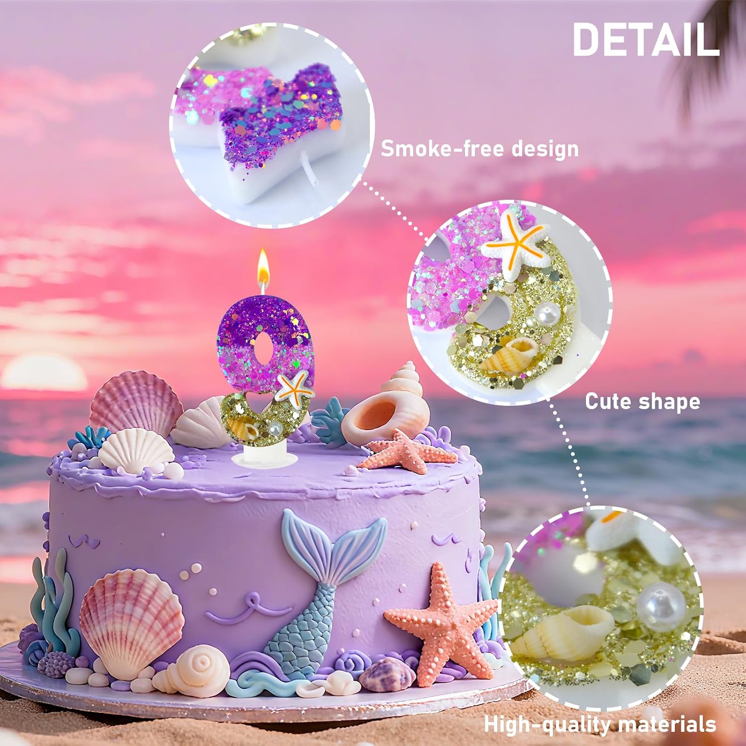 Birthday Candles, Purple Beach Number 9 Candles Decorated with Conchs and Pearls for Cake Topper, Suitable for Mermaid Cake Decorations, Ocean Theme Birthday Decor (Number 9, Purple) image 3