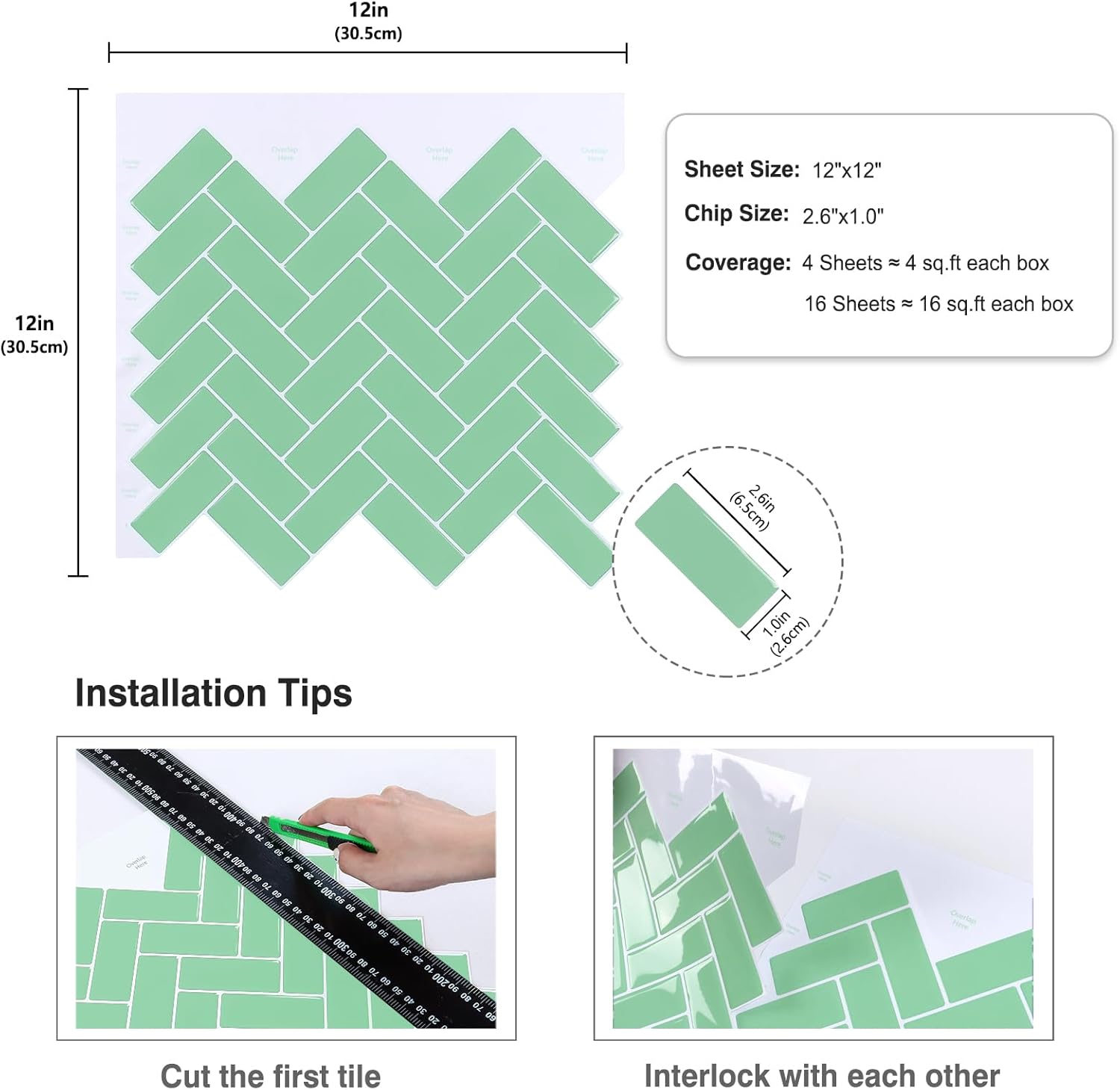 CRE8TIVE 4 Sheets Pale Green Peel and Stick Backsplash for Kitchen 12"x12" 3D Herringbone Tile Stick on Backsplash Peel and Stick Shower Tile Waterproof Adhesive Back Splash for Bathroom Laundry Room