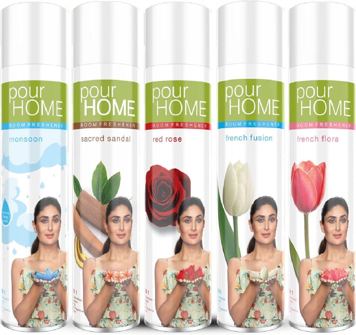 POUR HOME Monsoon, Sandal,Rose, Fusion,Flora Spray Room Freshener Spray - 270ML Each (Combo of 5) | Reduces Odours - Suitable for Home & Office