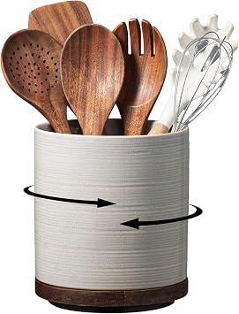 Utensil Holder, 360 Rotating Extra Large Ceramic Kitchen Utensil Holder for Countertop, 7.3 Cooking Utensil Crocks for Kitchen Counter with Rotatable Wooden Base, Farmhouse Decor, Grey