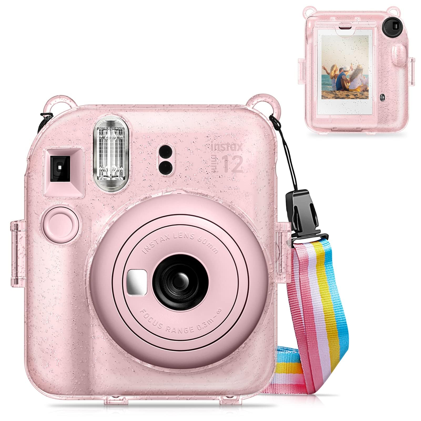 eWINNER Protective Clear Case for Fujifilm Instax Mini 12 Instant Camera/Crystal Hard Shell Cover w/Upgraded Film Pocket for Storing Photos & Removable Shoulder Strap (Instax Mini 12, Shiny Pink)