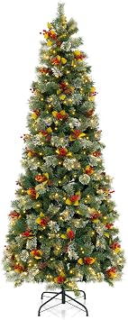 Goplus 7.5ft Pre-Lit Artificial Christmas Tree, Hinged Xmas Tree with 1096 PVC & Pine Needles, 460 Warm White LED Lights, 8 Modes, Red Berries, Pine Cones, Metal Stand, Office Home Decoration