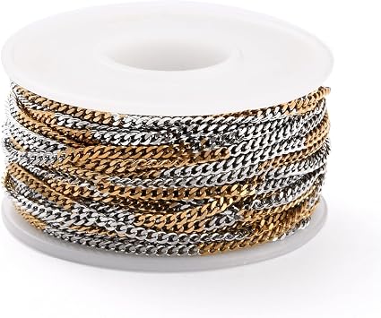 FASHEWELRY 32.8 Feet Two Tone Stainless Steel Curb Chains Unwelded Metal Cuban Link Chain for Bracelet Necklace Jewelry Making, 3x2x1mm