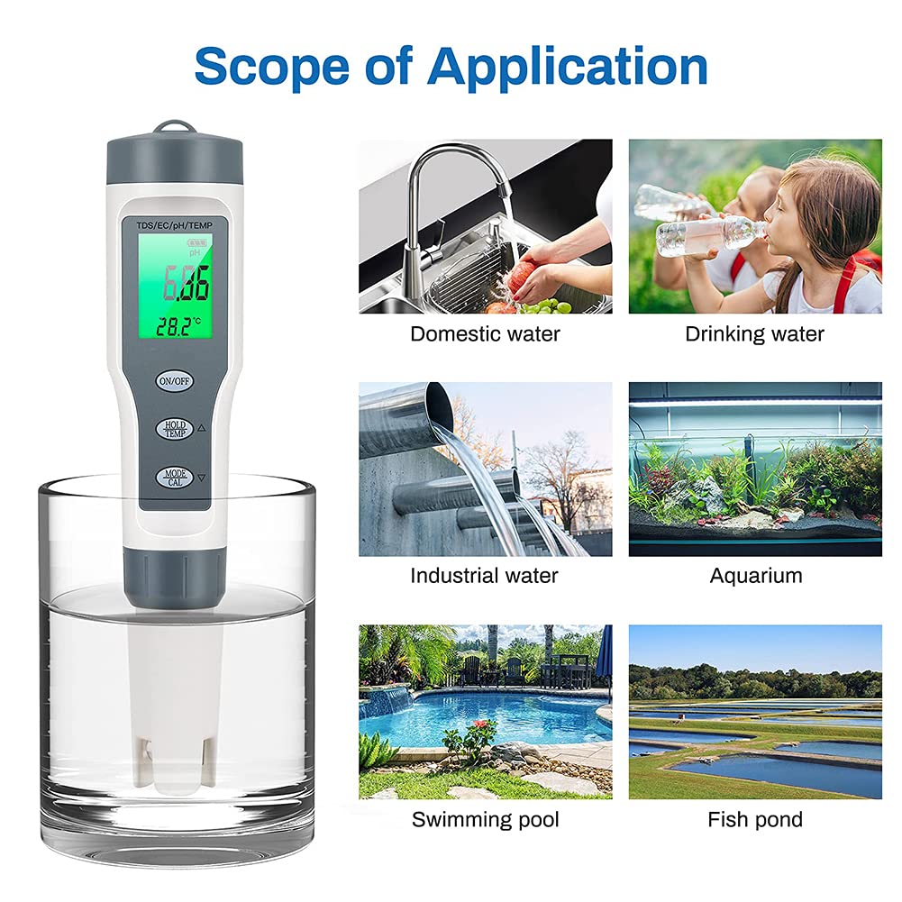 ERNZI Testeur de qualité de l'eau de testeur Affichage à Cristaux liquides/Valeur de pH numérique/Compteur TDS pour l'eau Potable/température de Laboratoire tds EC 4 en 1 Ensemble