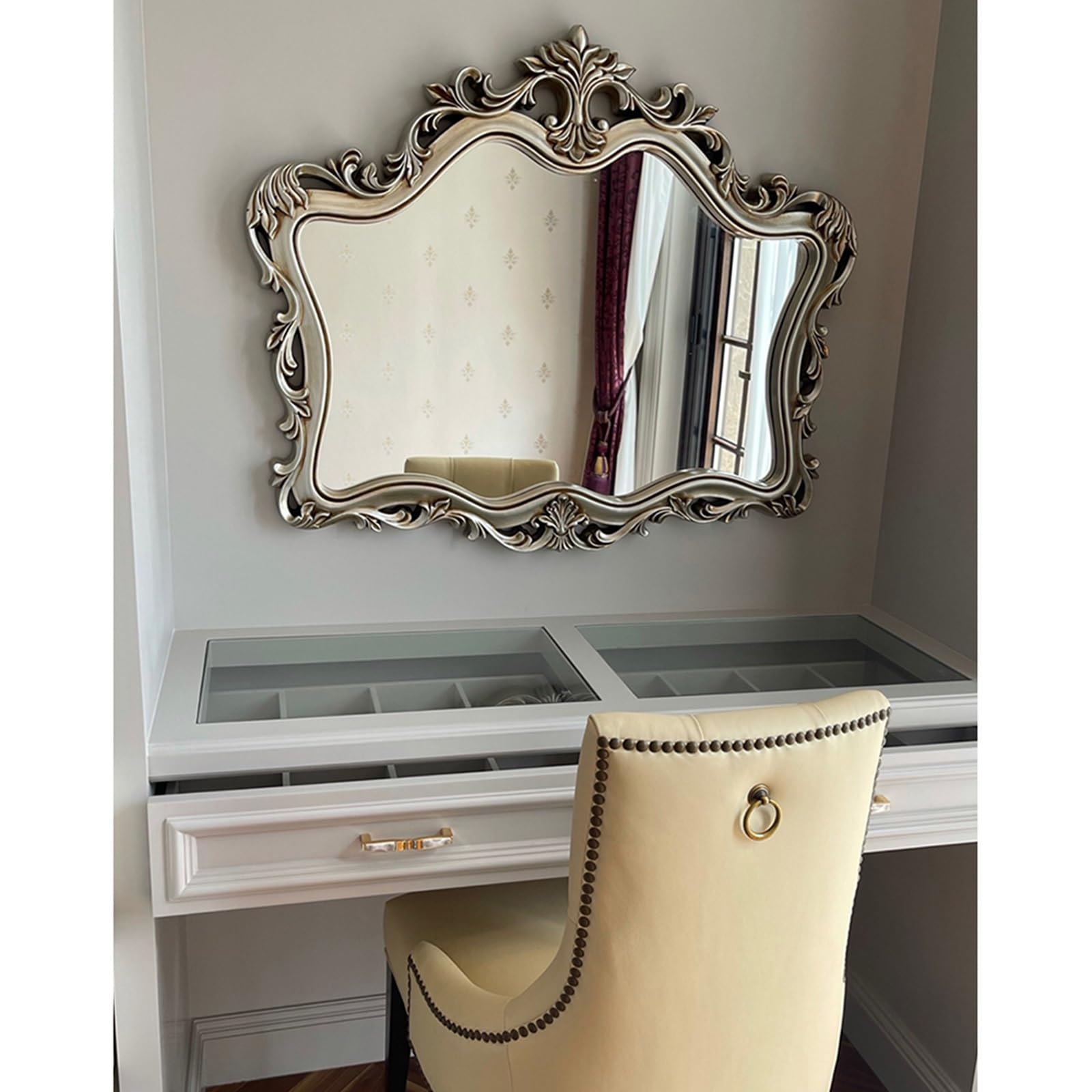 Fitlin Retro Wall Mounted Bathroom MirrorCarved Design for Bedroom Living Room & EntranceDecorative Vanity Mirror(B - Silver,95 * 78cm/37.4 * 30.7in)