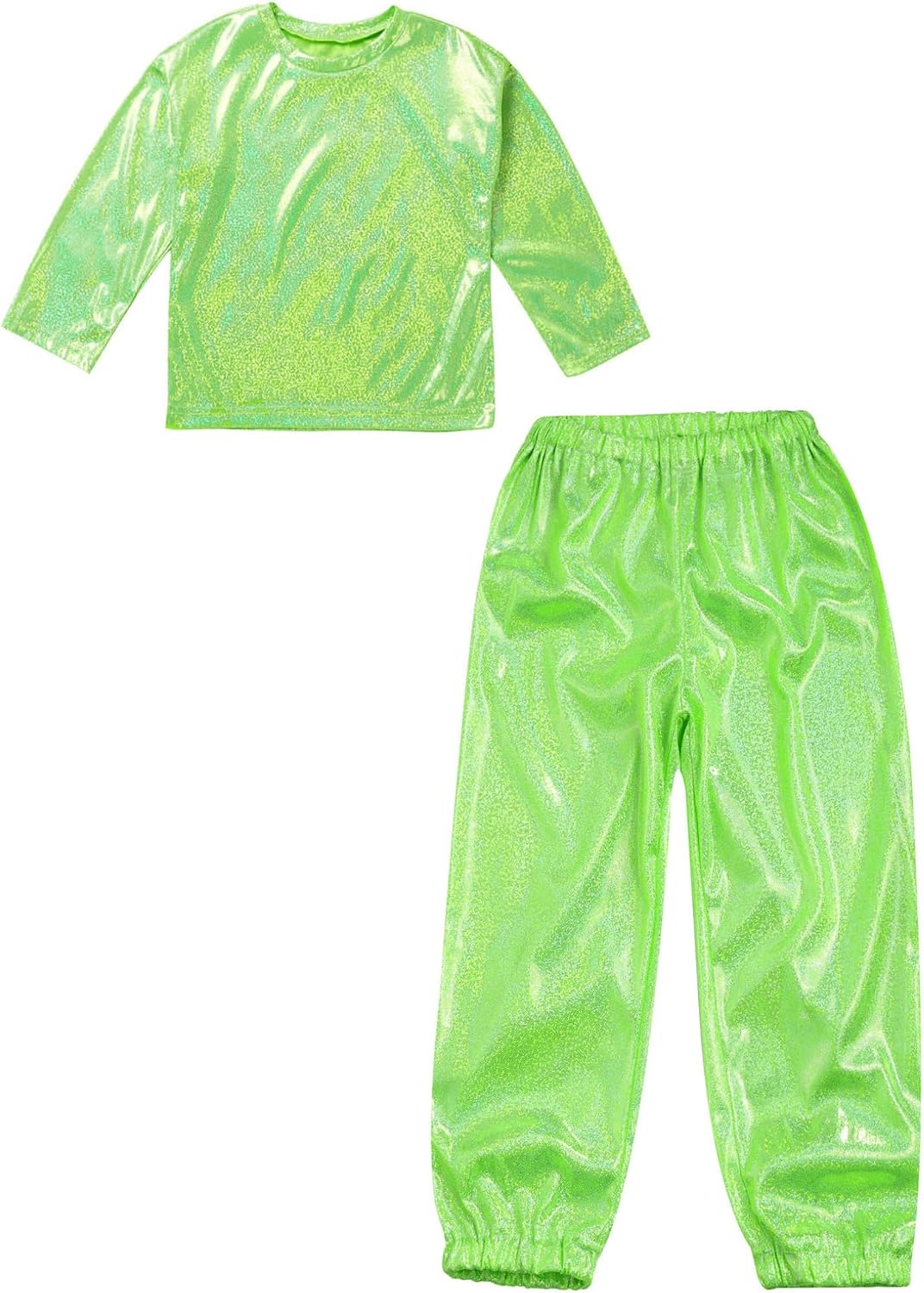ACSUSS Children Stage Performance Dance Set Shiny Long Sleeve Top with Glitter Elastic Pants Fluorescent Green 5-6 Years