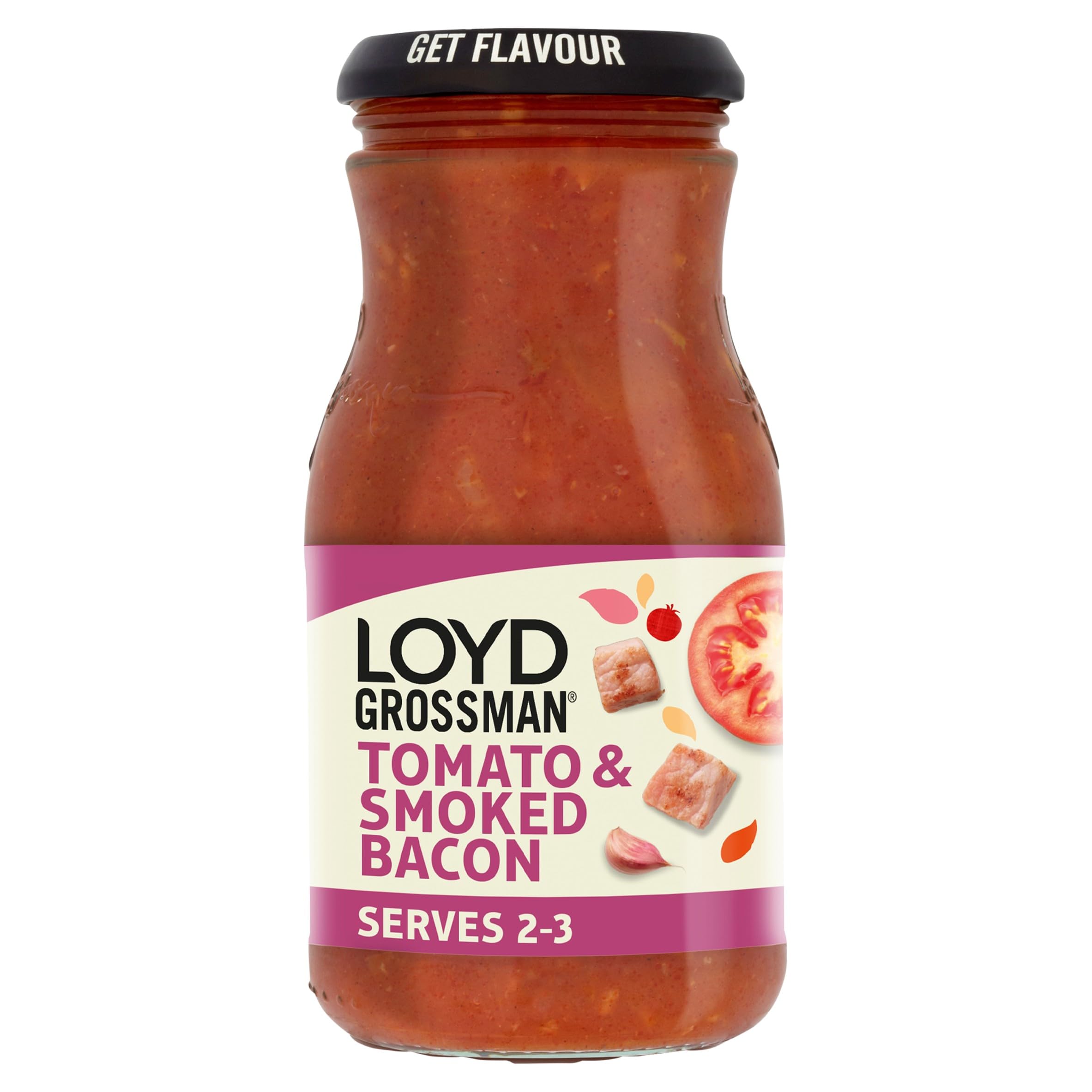 Loyd Grossman Italian Tomato & Smoked Bacon Sauce – Rich Tomato Base With Bacon & Red Chilli, 350 g Jar (Pack of 1)