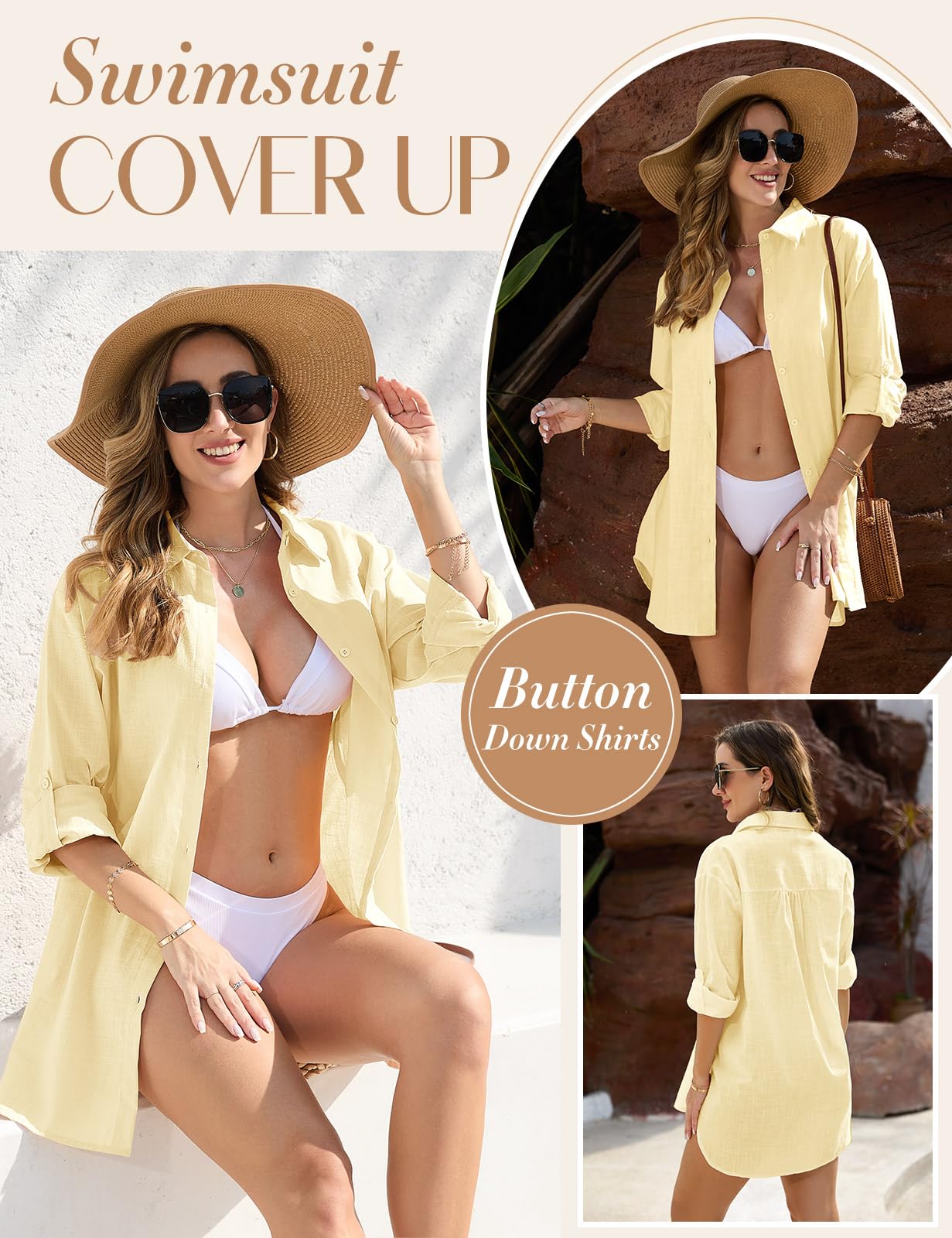 Vancavoo Vestidos de Playa Mujer Camisolas de Playa Bikini Cover Up Camisas de Manga Larga Suelta Pareos de Casual Color Sólido Blusa con Botón para Verano