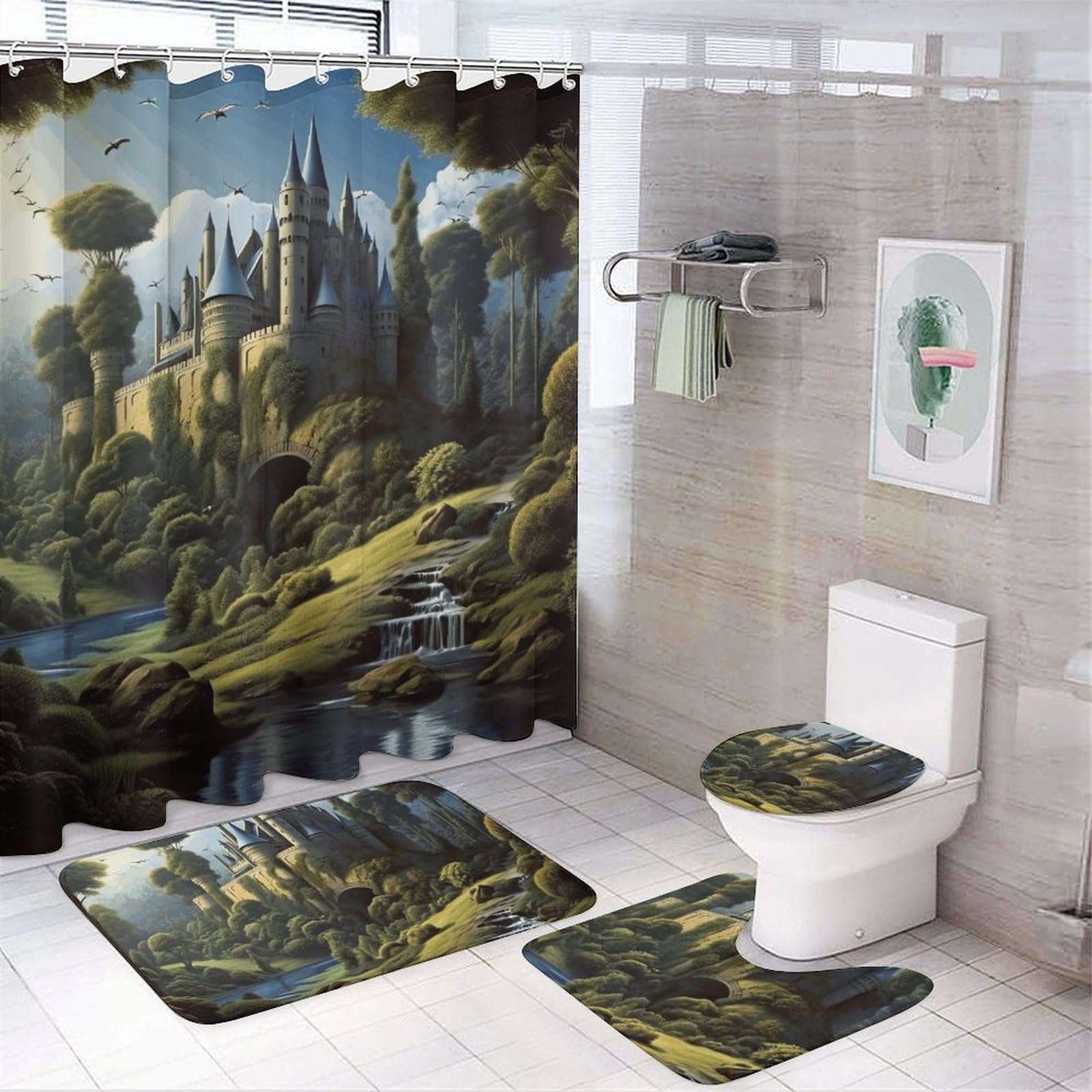 Ensemble 4 pièces de salle de bain en polaire imprimé bois et rideau imperméable