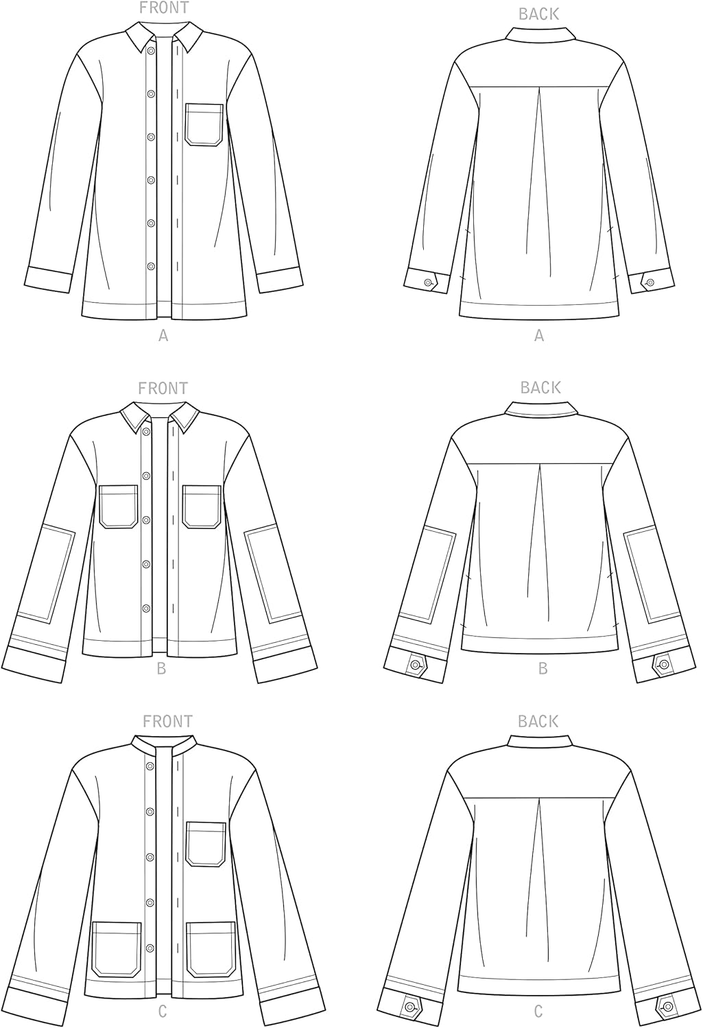 Simplicity S9239 재킷 디자인 변형 A, B, C (앞면 및 뒷면)의 선 그림