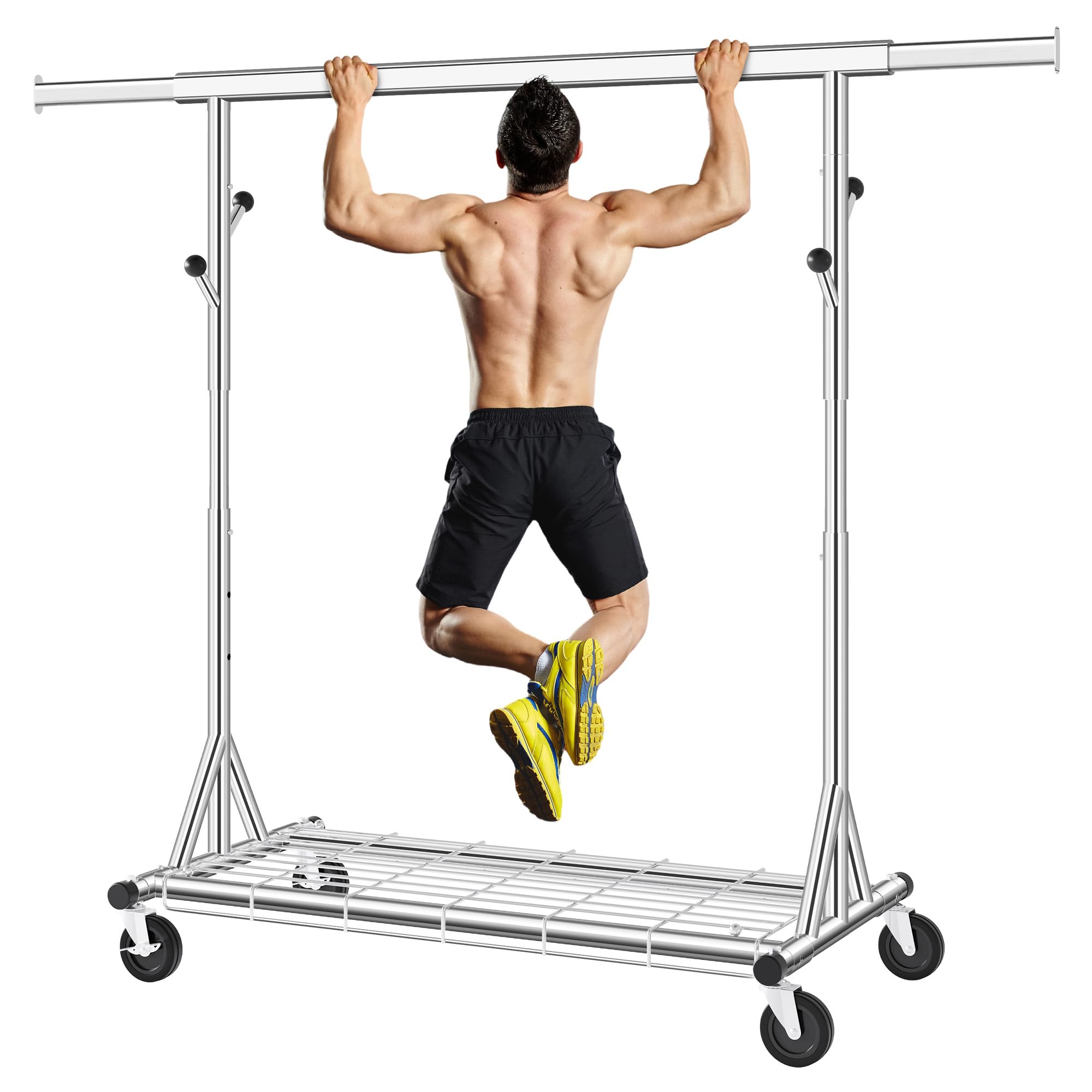 FAVOOSTY Stand Appendiabiti con Ruote, Attaccapanni Estensibile per Carichi Pesanti, Portata Totale 200 kg - 50 x (106-176) x 170 cm, installazione rapida 1 minuto,Argento