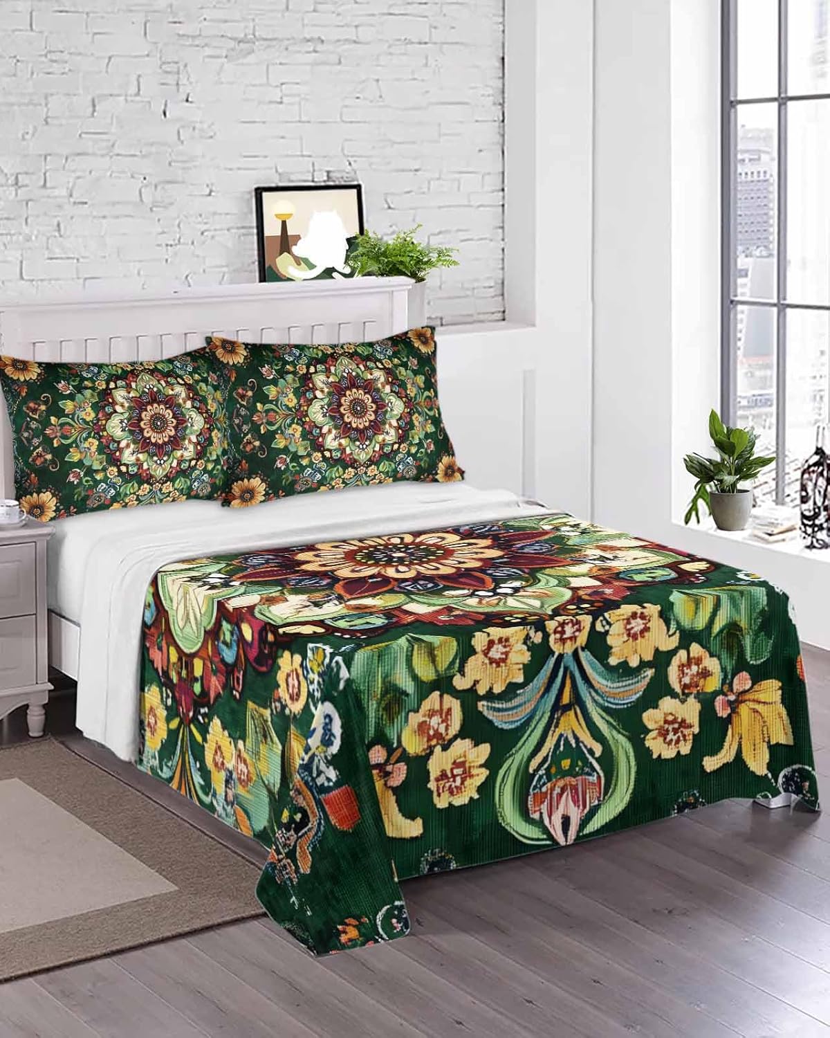 King Size Flat Sheet Only, Boho Flower Soft Brushed Microfiber Bed Sheets, Bohemian Gorgeous Patterns Ethnic Bohemian Hotel Quality Breathable Bedding Top Sheet, Easy Care, 105"x98"