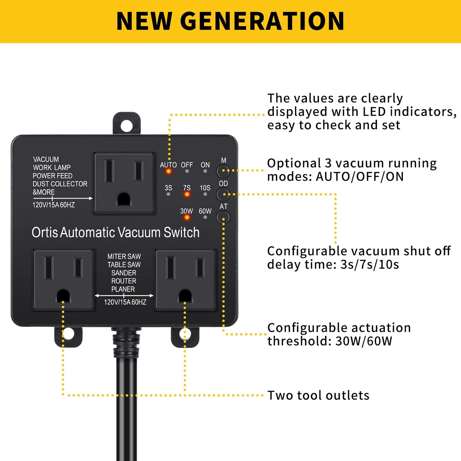 Automatic Vacuum Switch with Extra Outlet for Using More Power Tools, Ortis Dust Control Autoswitch Delay Vacuum On/Off to Prevent Circuit Overload and Tripping, Adjustable Actuation Threshold, Black