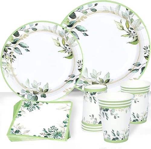 Miniatura 7 de Platos de fiesta verdes, platos y servilletas de hojas de eucalipto de papel verde salvia, vajilla desechable, vasos, servilletas para fiesta
