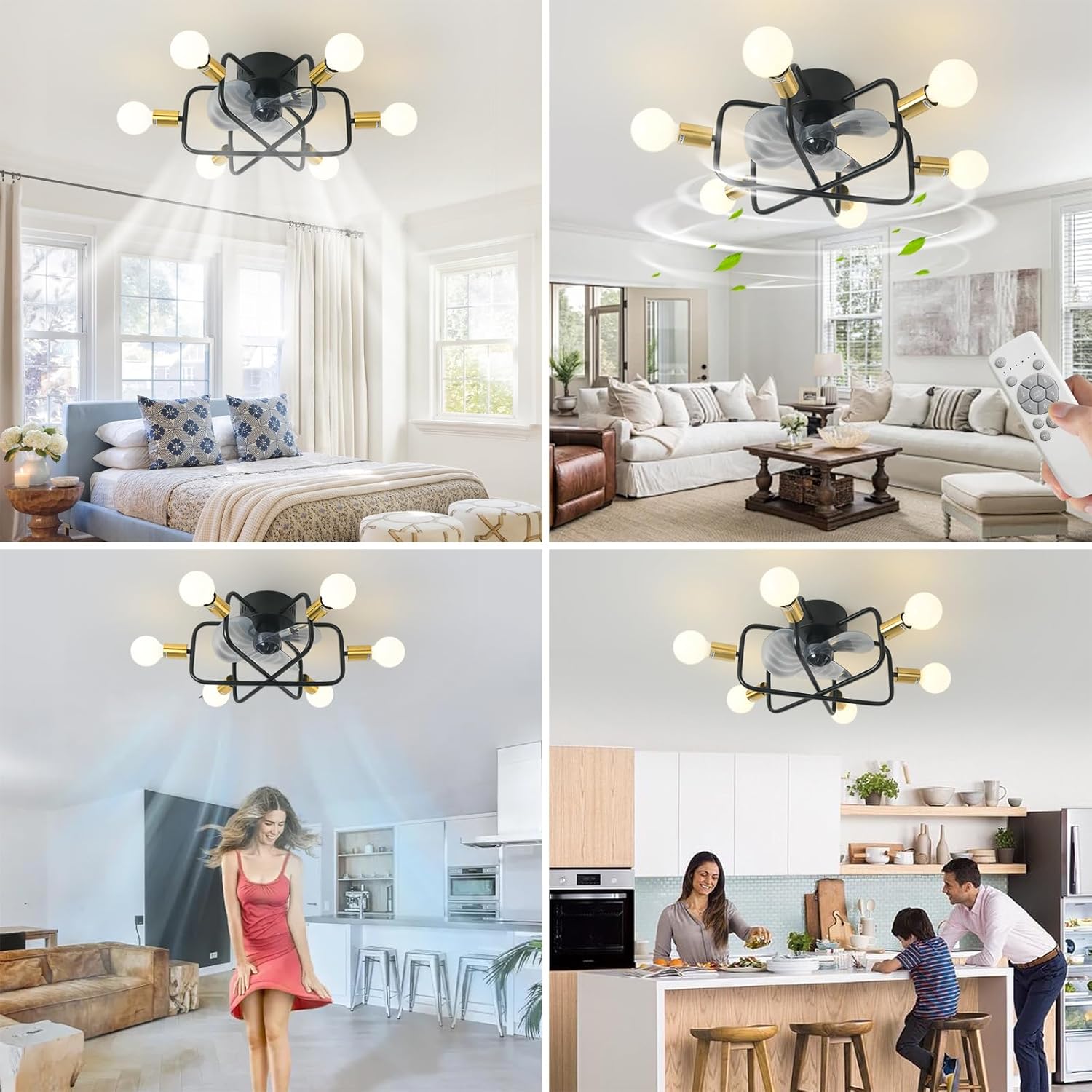 Flush Mount Ceiling Fans with Lights – Low Profile 21" Indoor Modern Black & Gold Sputnik, Remote Control 6 Speeds Reversible DC Motor, Quiet 6-Light Ceiling Fan with E26 Base for Bedroom Living Room