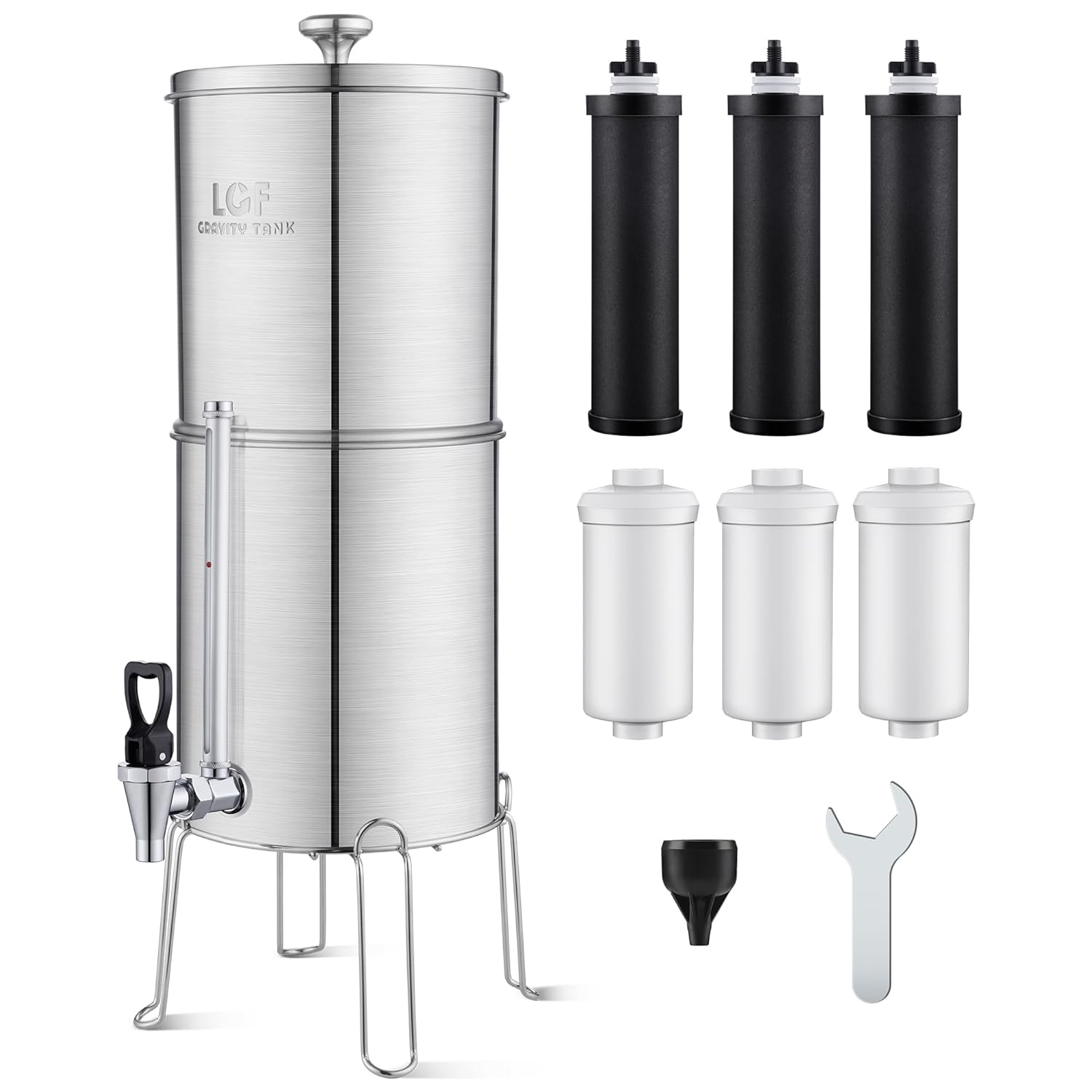 LCF Upgrade 3 Gallon Gravity-fed Water Filter System with 𝐒𝐢𝐥𝐯𝐞𝐫 𝐈𝐨𝐧𝐬 Enhanced Filtration - Reduces Fluoride & Up to 99% Chlorine - Includes 6 Filters, Metal Wat + 3 LCF Black Carbon Filters