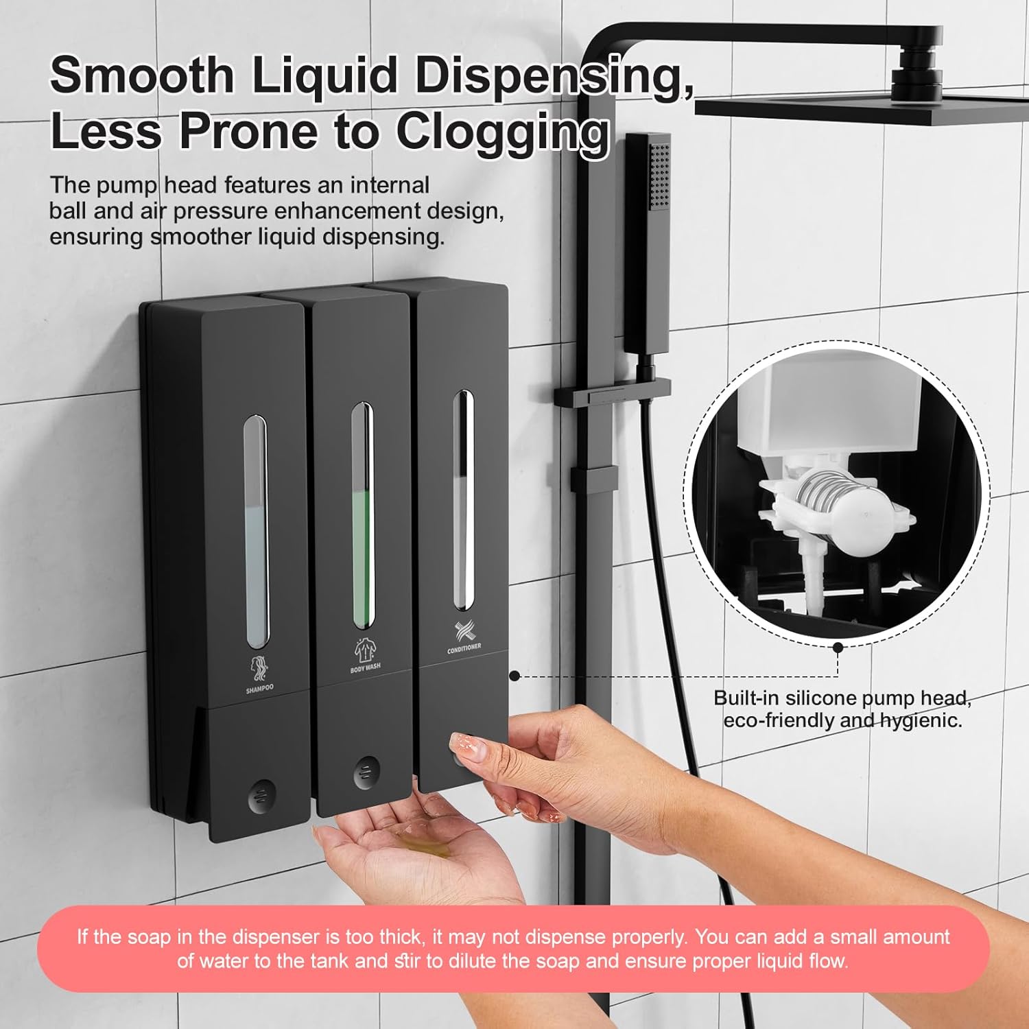 Shampoo and Conditioner Dispenser - Wall-Mounted 3-Chamber Shower Soap Dispenser, No-Drill, 1200ML Capacity, for Bathroom & Hotel - Image 6
