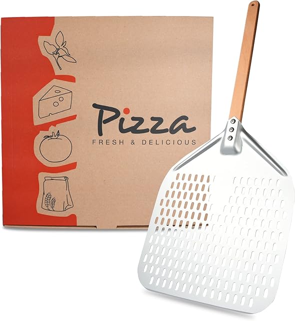 'N/A' 12 Inch Perforated Pizza Paddle, Hard Anodized Non Sticking Aluminium Pizza Peel with Wooden Handle