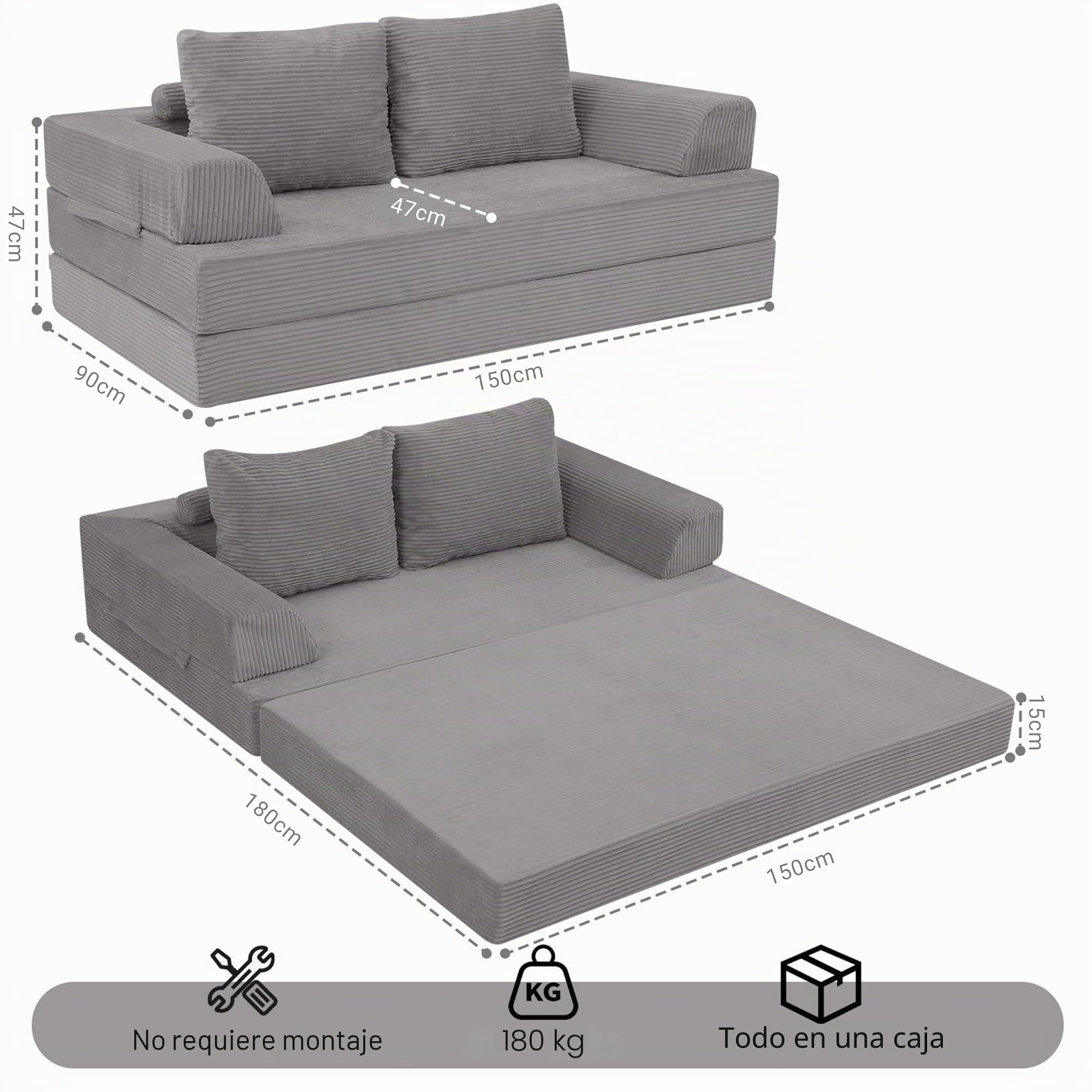 MeMoreCool Sofá cama de pana plegable con cojín, gris claro | Cómodo sofá con colchón y superficie de pana suave, ideal como espacio para dormir, salón o cama de invitados